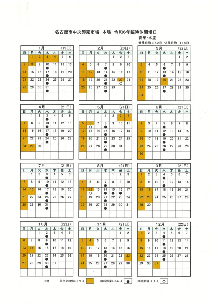 2024年令和6年度市場カレンダー名古屋市中央卸売市場本場